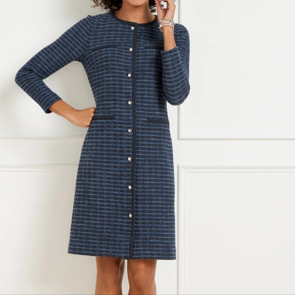 Talbots Navy Button A-Line Dress - Tweedy Check
